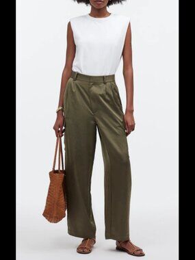 MADEWELL High-Rise Straight Cargo Trousers in Satin Women's Size 10 Olive Green